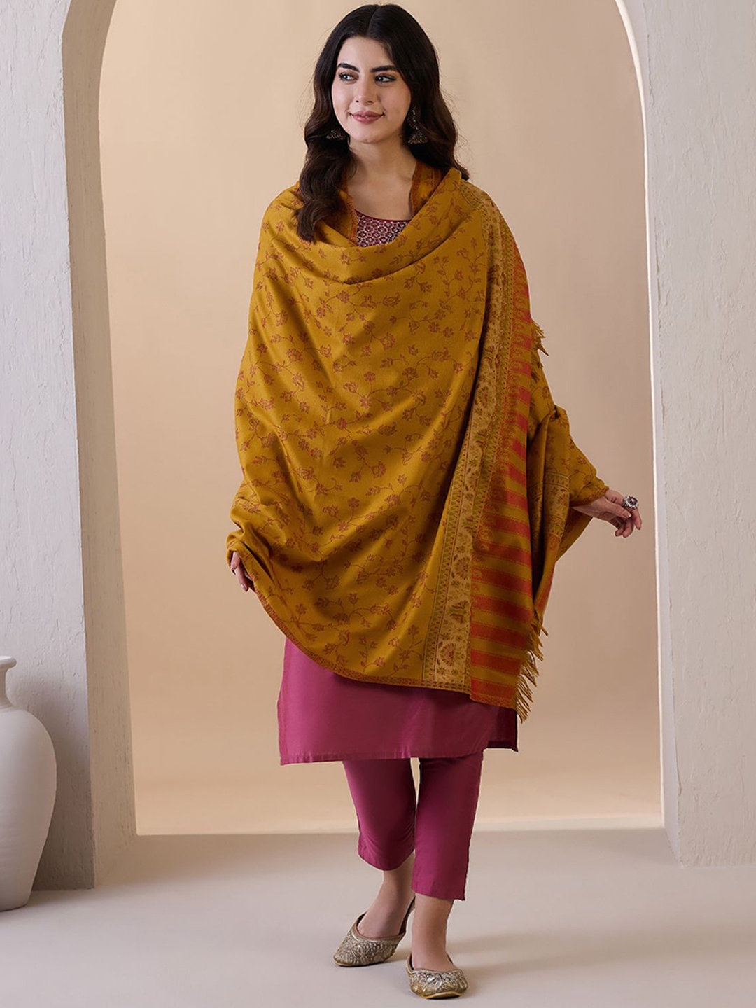 

SAHASIKA Floral Woven Design Shawl, Mustard