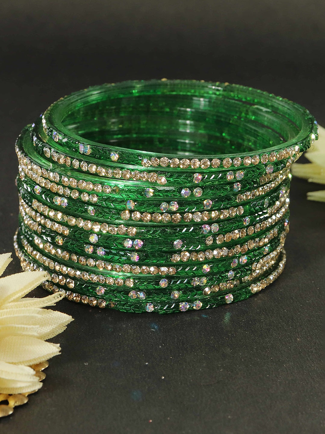 

LAVAZZA Set Of 12 Zircon Diamond & Beads Studded Bangles, Green