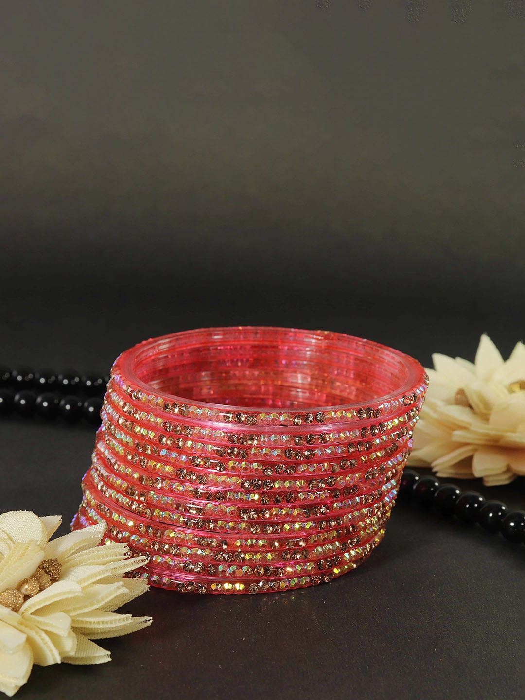 

LAVAZZA Set Of 12 Zircon Diamond Stone Studded & Beads Bangles, Rose