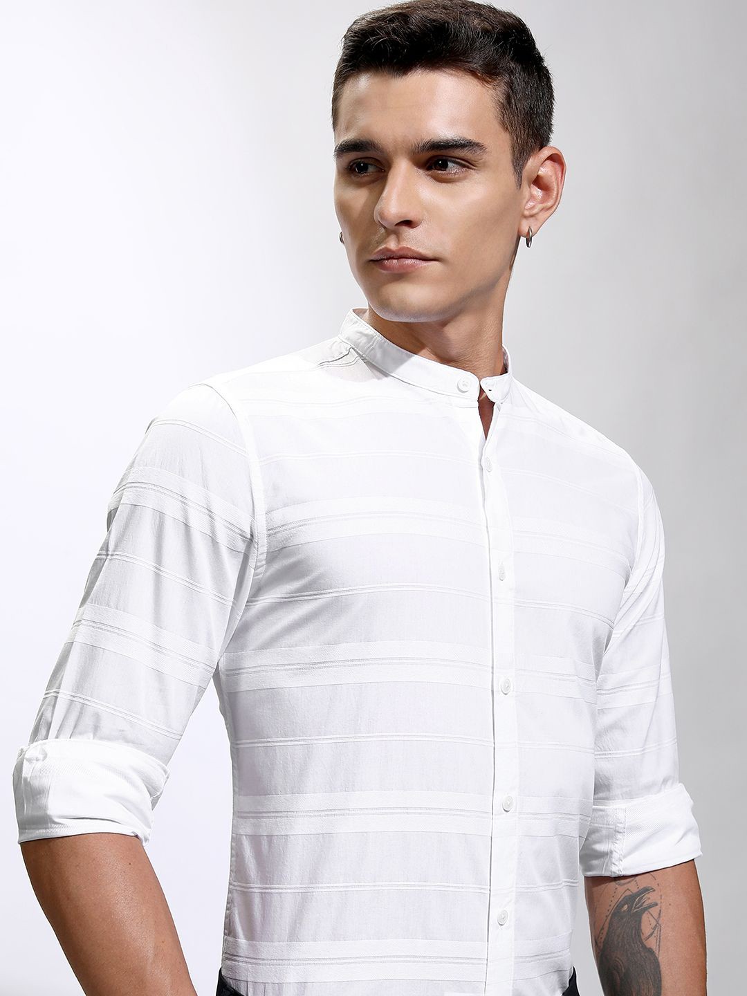 

Highlander Men Dobby Textured Striped Mandarin Collar Casual Shirt, White