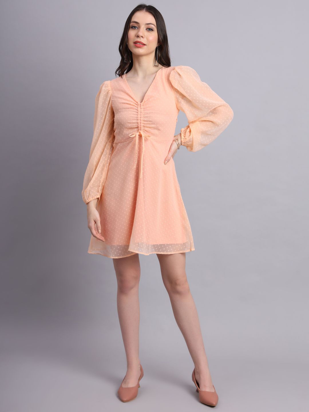 

ESSQUE Women Puff Sleeve Fit & Flare Dress, Peach