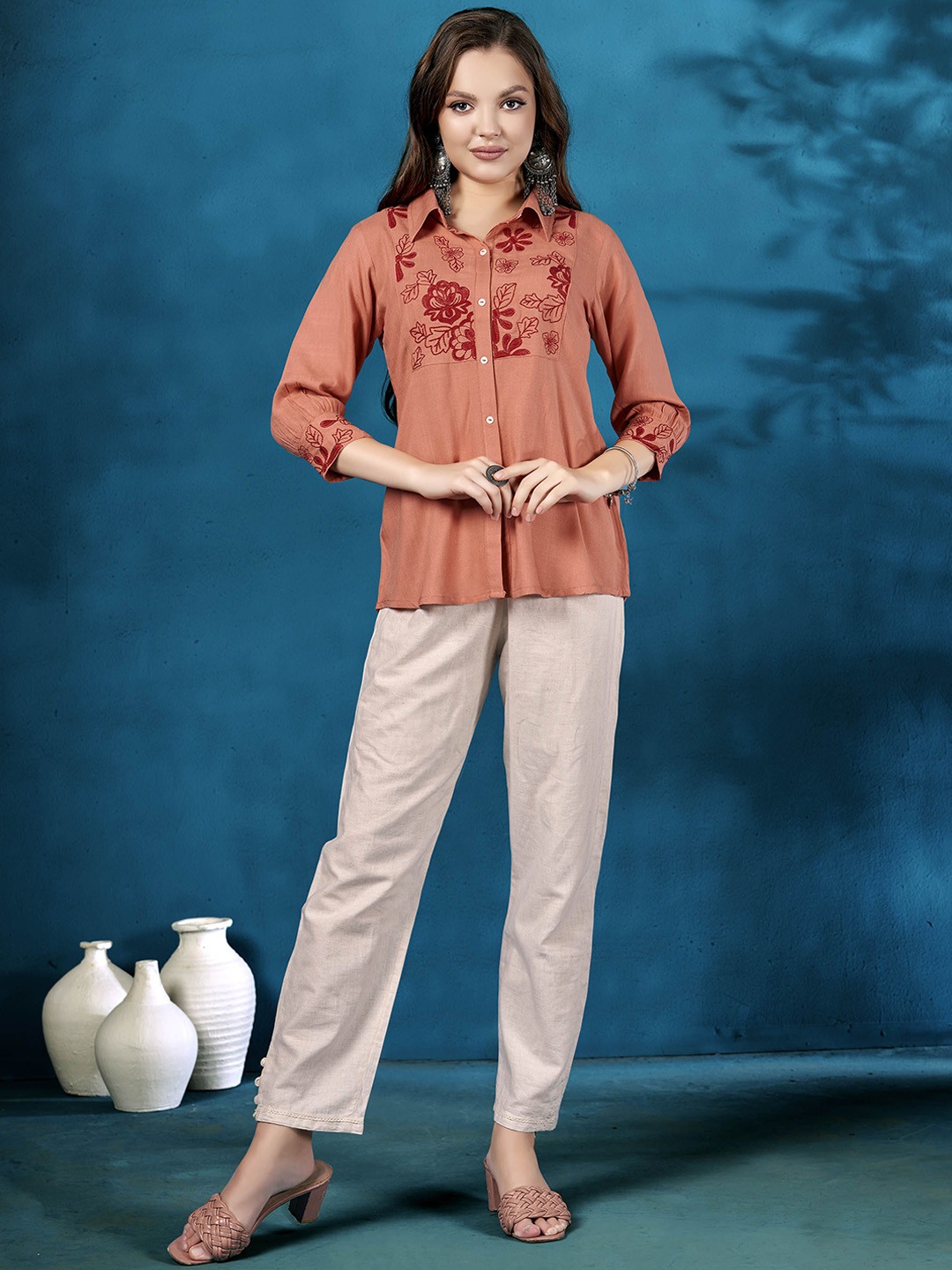 

Anouk Rust Floral Embroidered Liva Casual Shirt