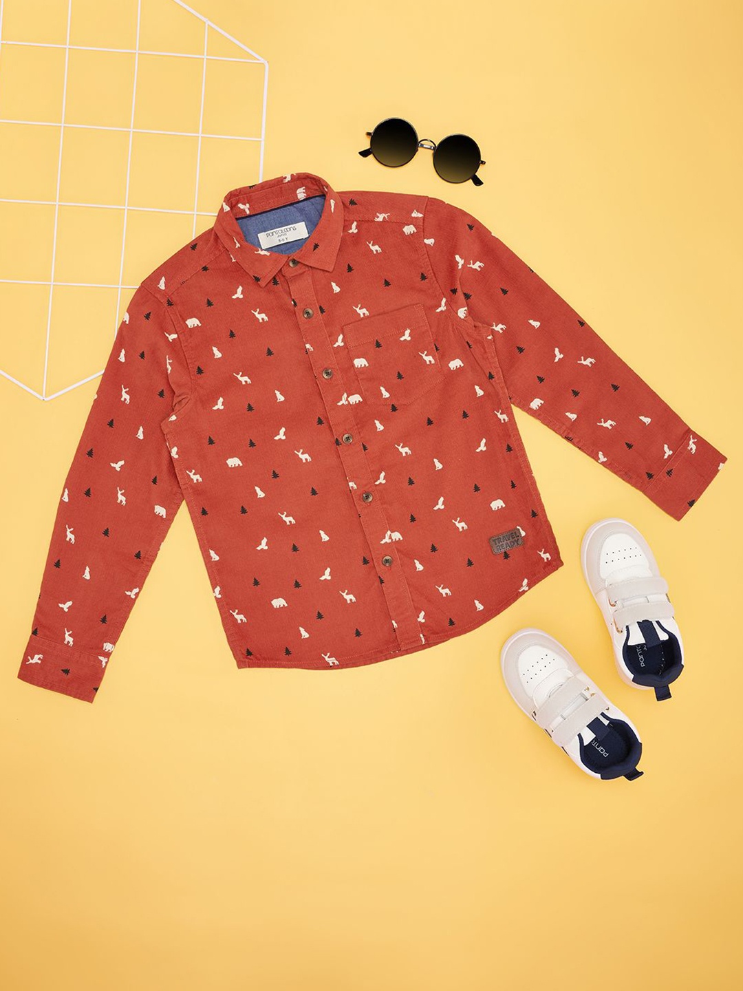 

Pantaloons Junior Boys Cutaway Collar Conversational Printed Cotton Casual Shirt, Maroon