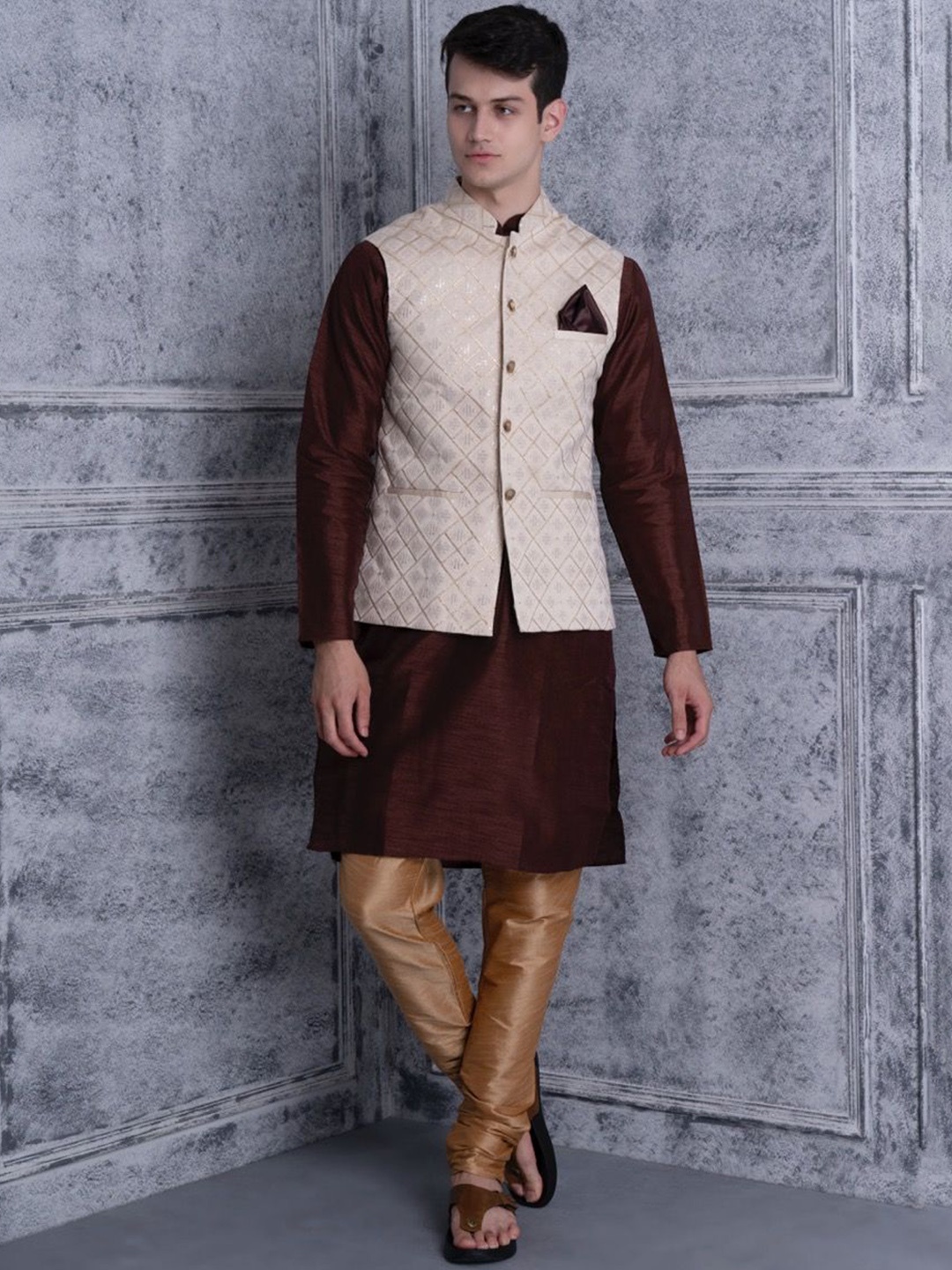

Ethluxis Mandarin Collar Jacquard Dupion Silk Kurta With Churidar & Nehru Jacket, Coffee brown