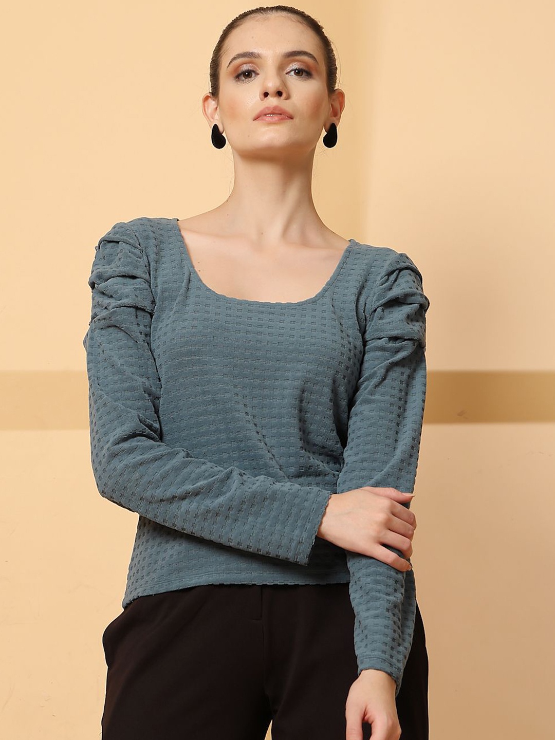 

STYLECAST X KASSUALLY Women Cotton Long Sleeves Square Neck Regular Top, Teal