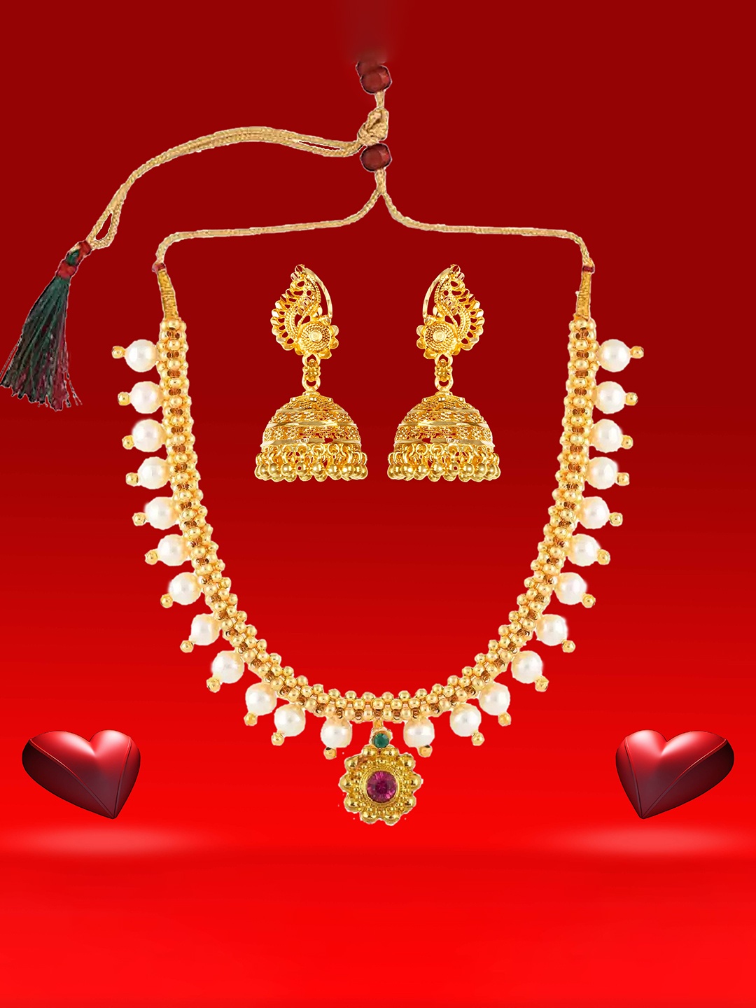 

Heer Collection Gold-Plated Stones-Studded & Pearl-Beaded Jewellery Set