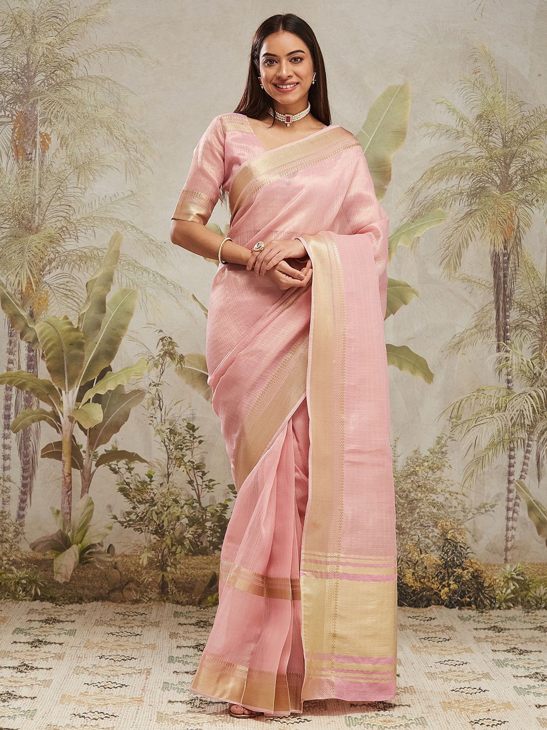 

RACHNA Woven Design Zari Ready to Wear Kanjeevaram Saree, Pink