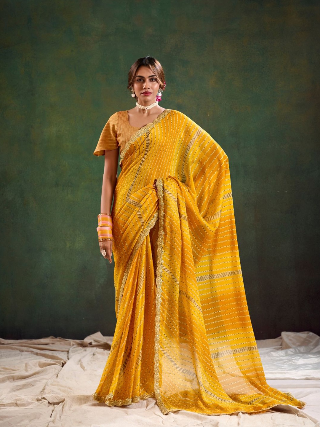 

CHUDIYA Embroidered Pure Chiffon Leheriya Saree, Yellow