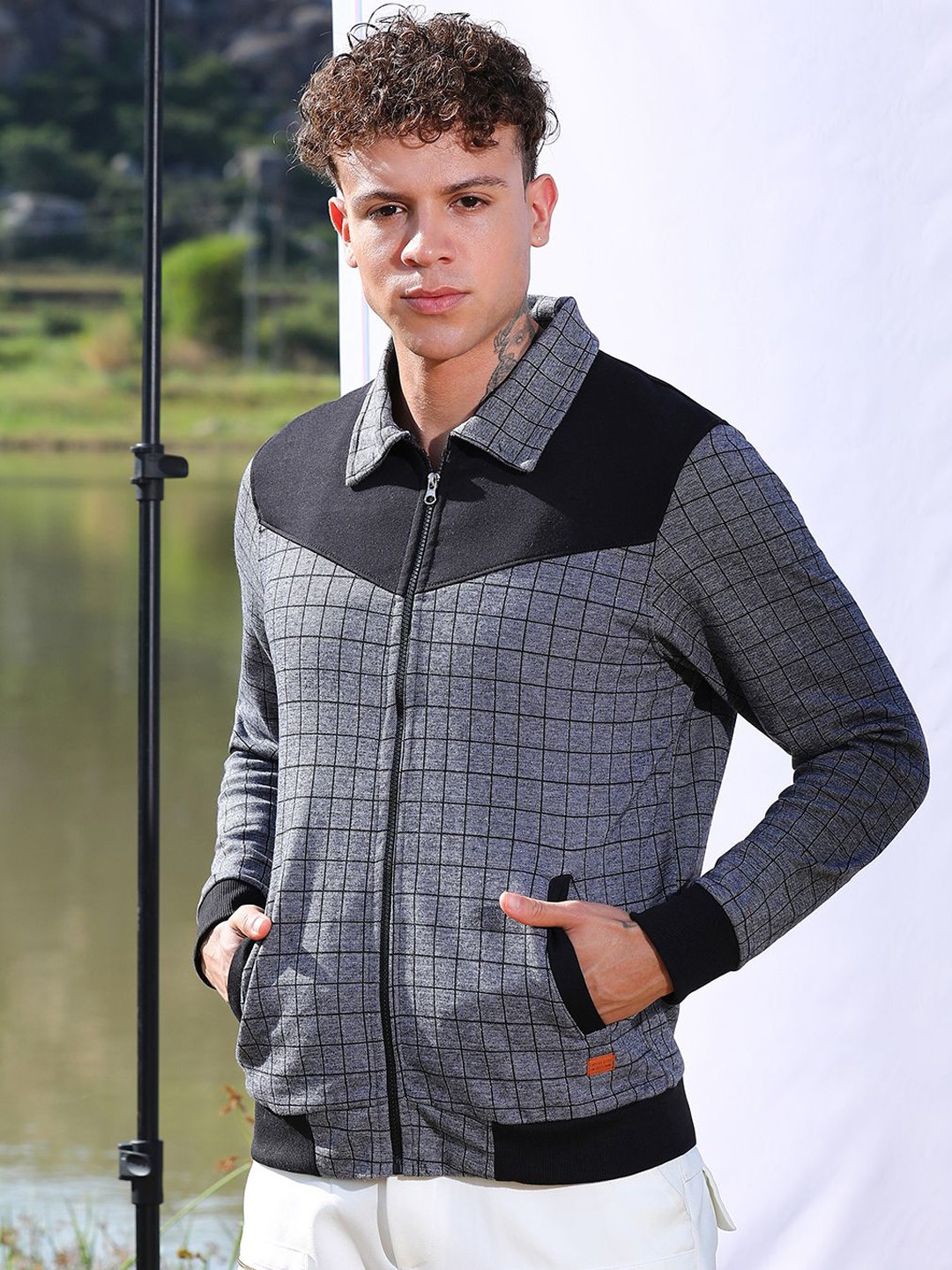 

Campus Sutra Men Spread Collar Checked Cotton Casual Biker Jacket, Charcoal