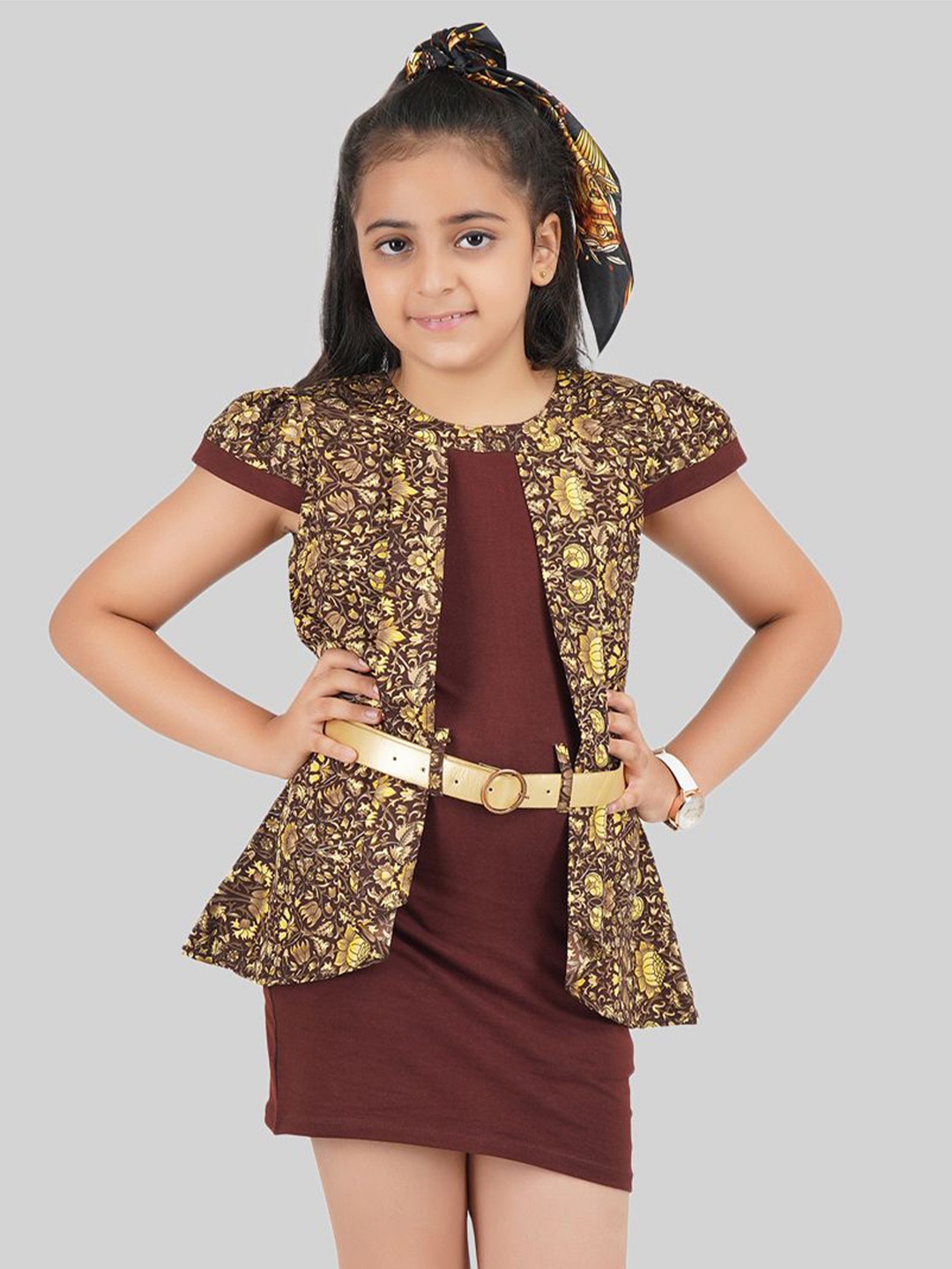 

BEING NAUGHTY Girls Floral Printed Fit & Flare Dress, Brown