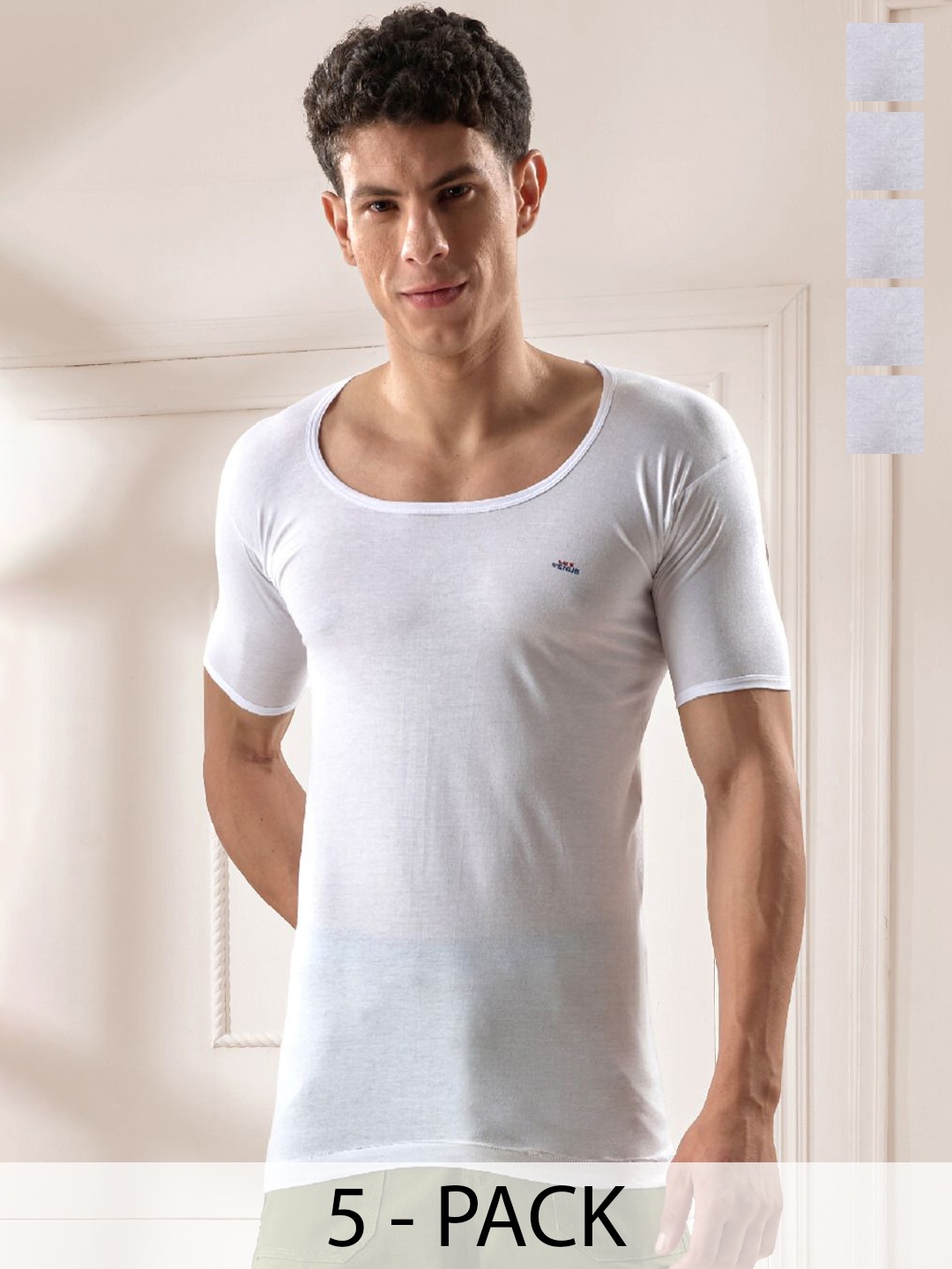 

LUX VENUS Pack of 5 Men Round Neck Cotton Vest, White