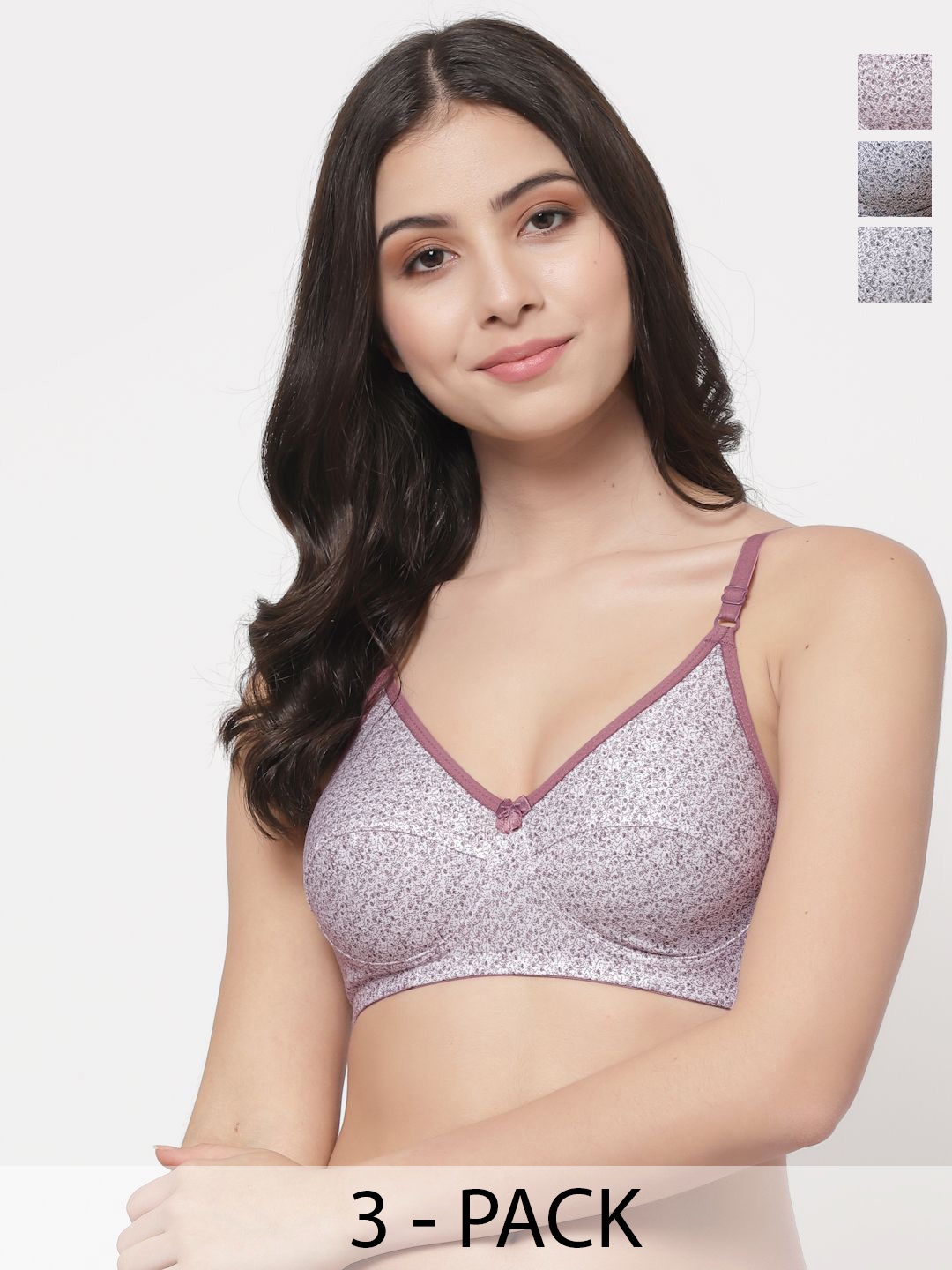 

Docare Mitali Pack Of 3 Cotton Non Padded Floral Printed Everyday Bra, Mauve