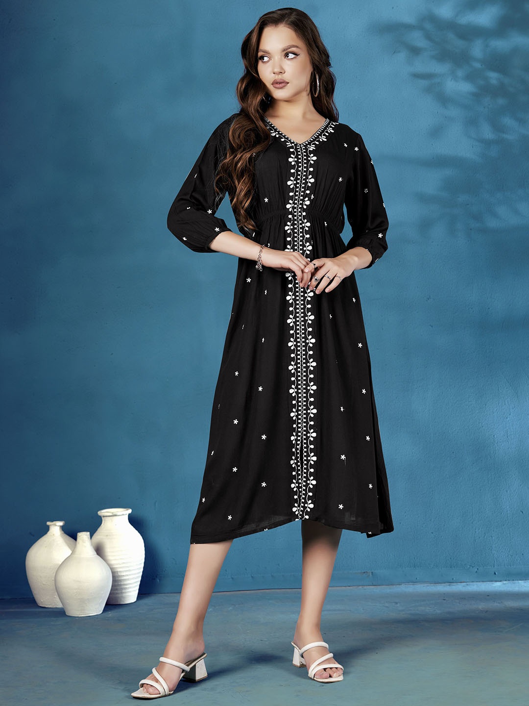 

Anouk Women Embroidered V-Neck Ethnic Dresses, Black