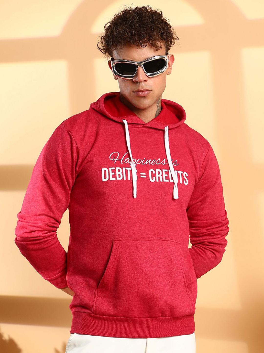 

Campus Sutra Men Printed Hooded Cotton Pullover Sweatshirt, Red