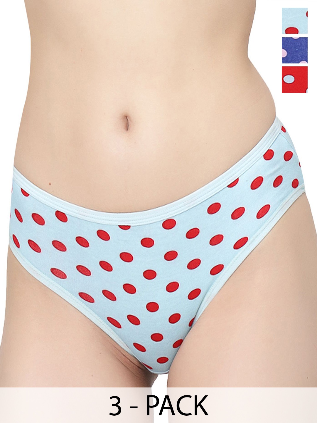 

Docare Pack Of 3 Printed Cotton Bikini Briefs Yummy Panty-Red-Royal Blue-TBlue