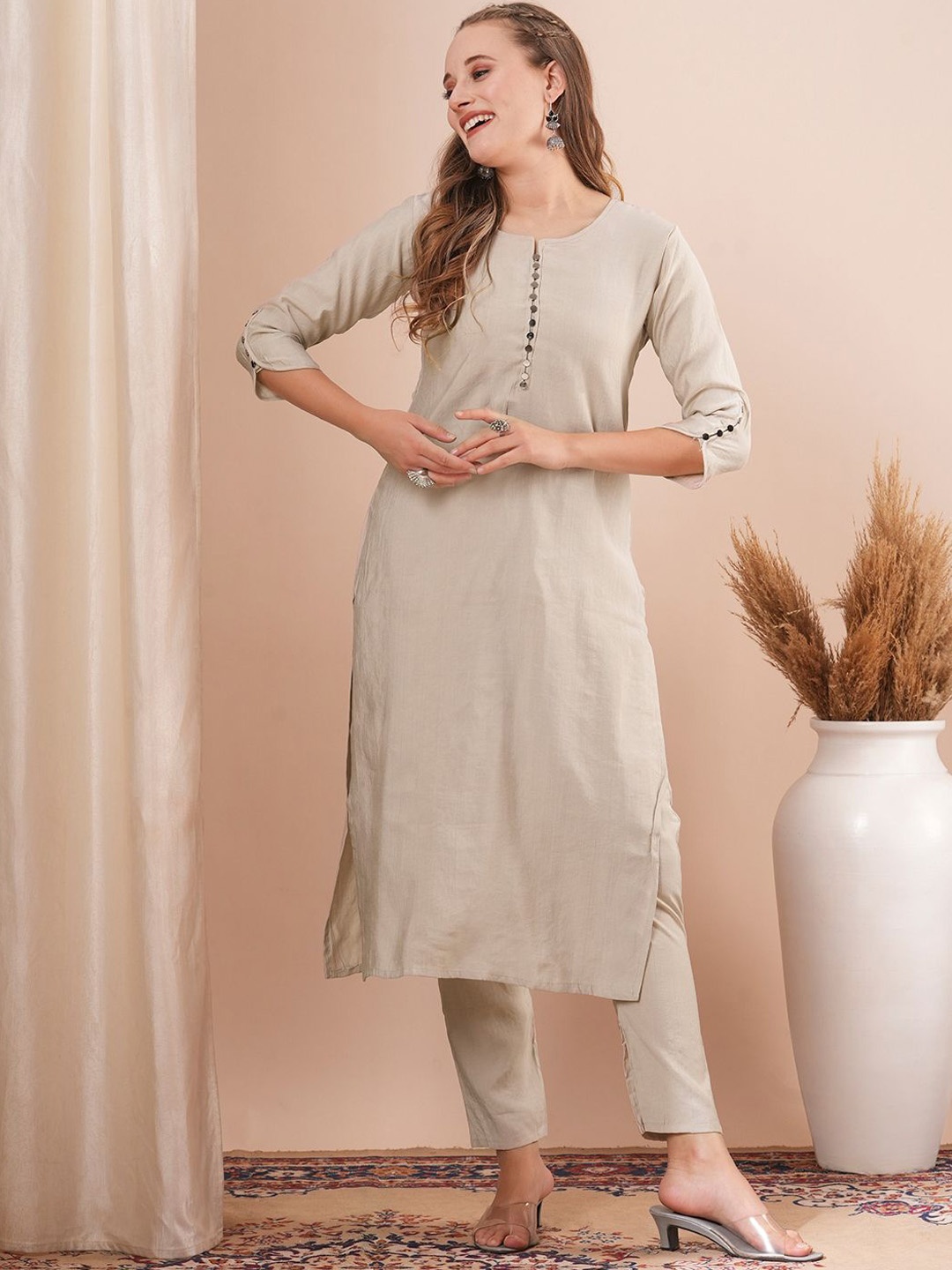 

FASHOR Round Neck Three-Quarter Sleeves Tunic With Trousers, Taupe