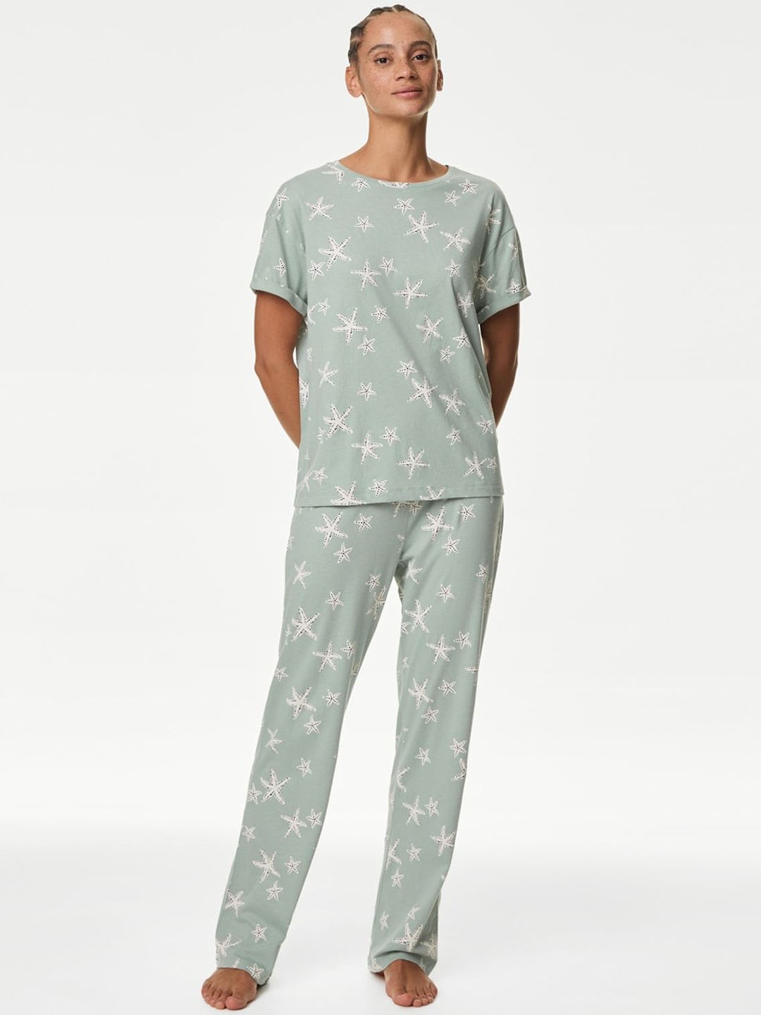 

Marks & Spencer Women Printed Short Sleeves Slip-On Night suit, Green