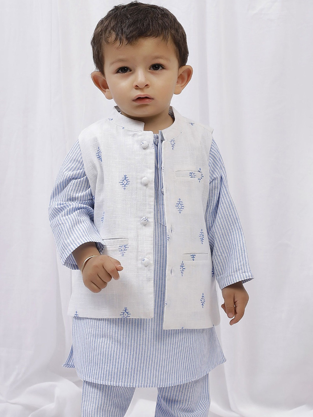 

TJORI Boys Printed Woven Pure Cotton Nehru Jackets, White