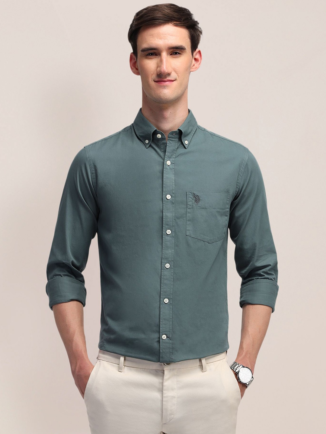 

U.S. Polo Assn. Men Classic Button-Down Collar Solid Cotton Tailored Fit Casual Shirt, Green