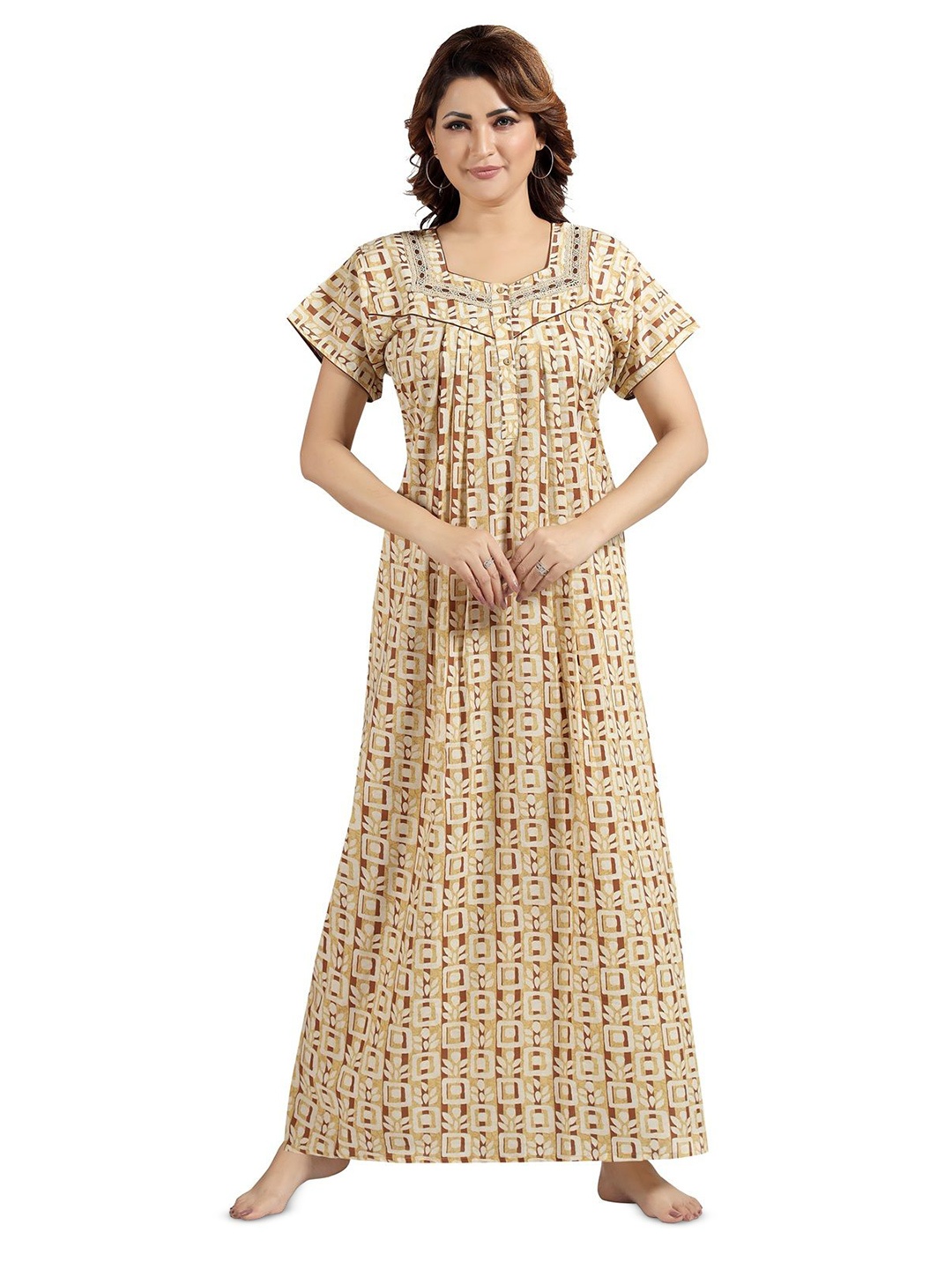 

NIGHT QUEEN Women Printed Maxi Nightdress, Cream