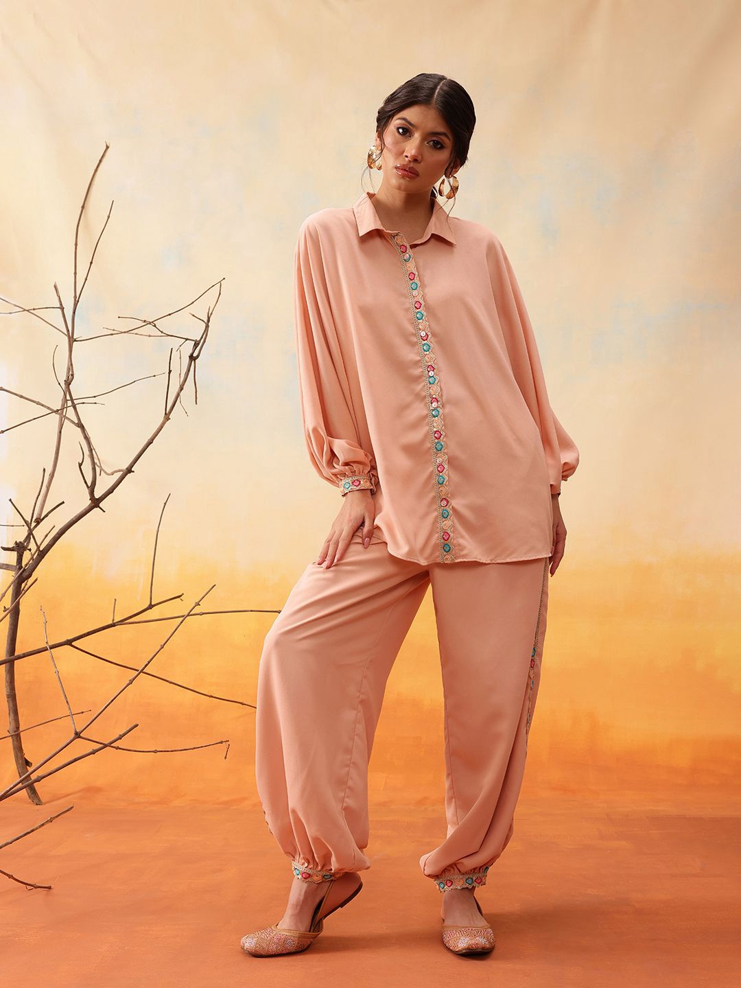 

indo street Embroidered Shirt With Trousers, Peach