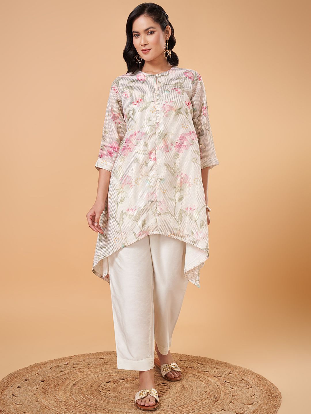 

Marigold Lane Floral Printed Sequinned Kurti with Trouser, Off white