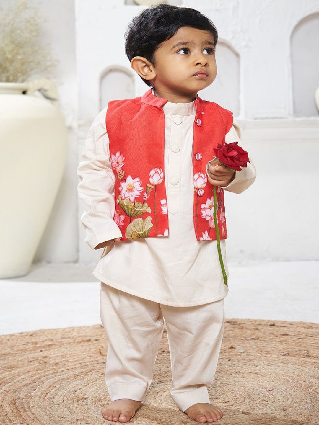 

Vivedkids Boys Mandarin Collar Pure Cotton Kurta with Trousers, Red