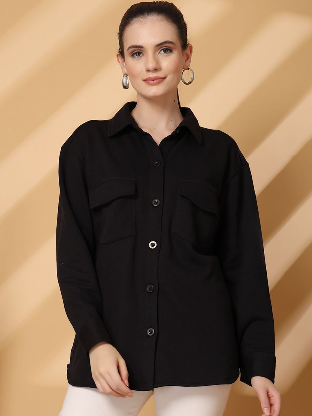 

plusS Women Spread Collar Solid Fleece Casual Open Front Jacket, Black