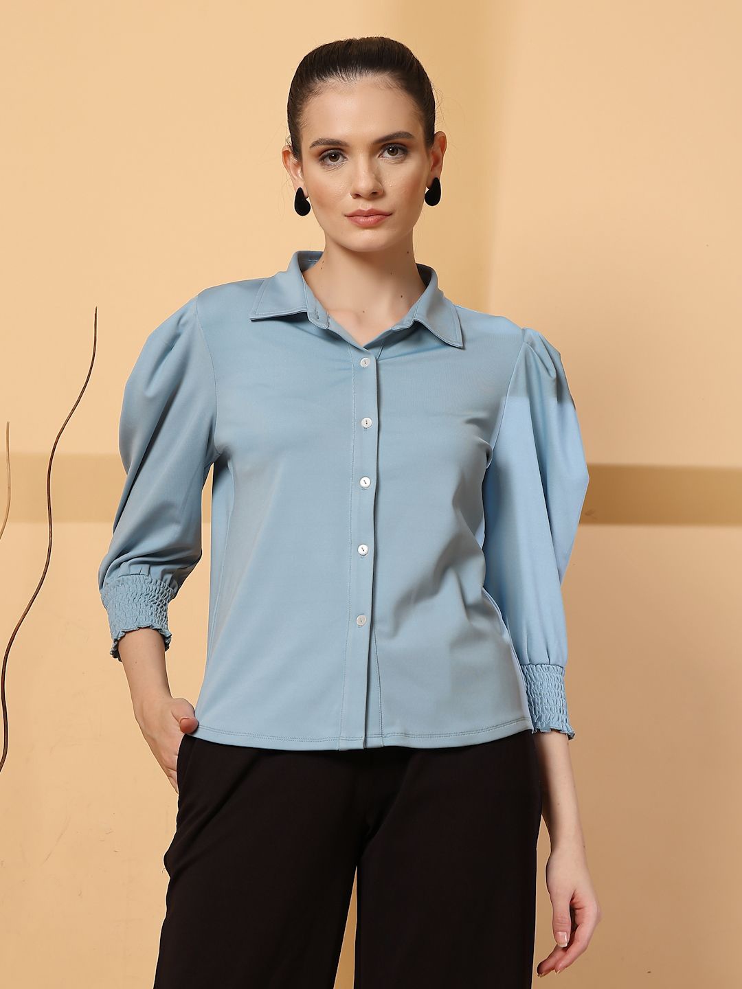 

STYLECAST X KASSUALLY Women Standard Spread Collar Solid Casual Shirt, Blue