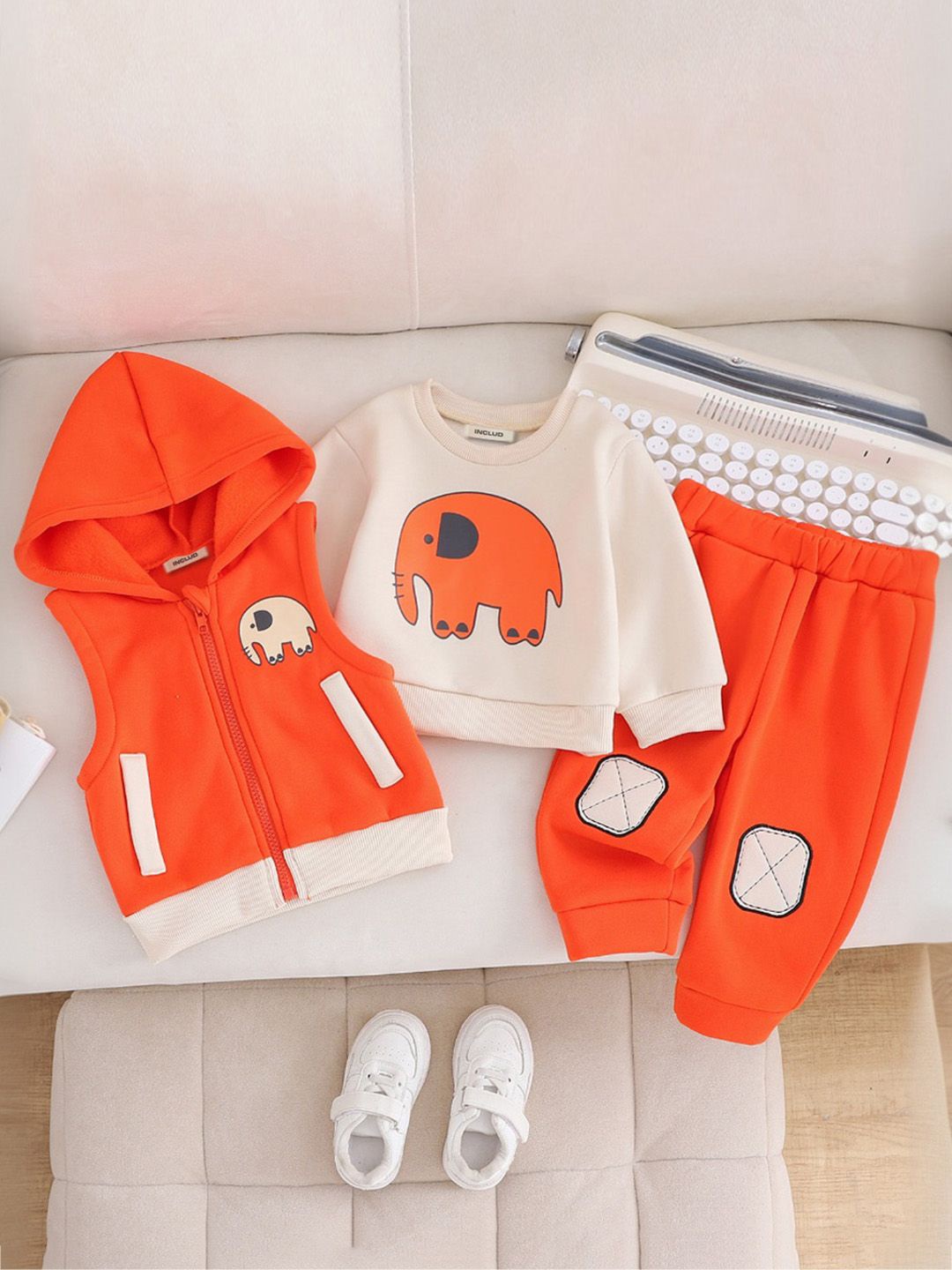 

INCLUD Boys Elephant Printed Jacket With Sweatshirt & Trousers, Orange