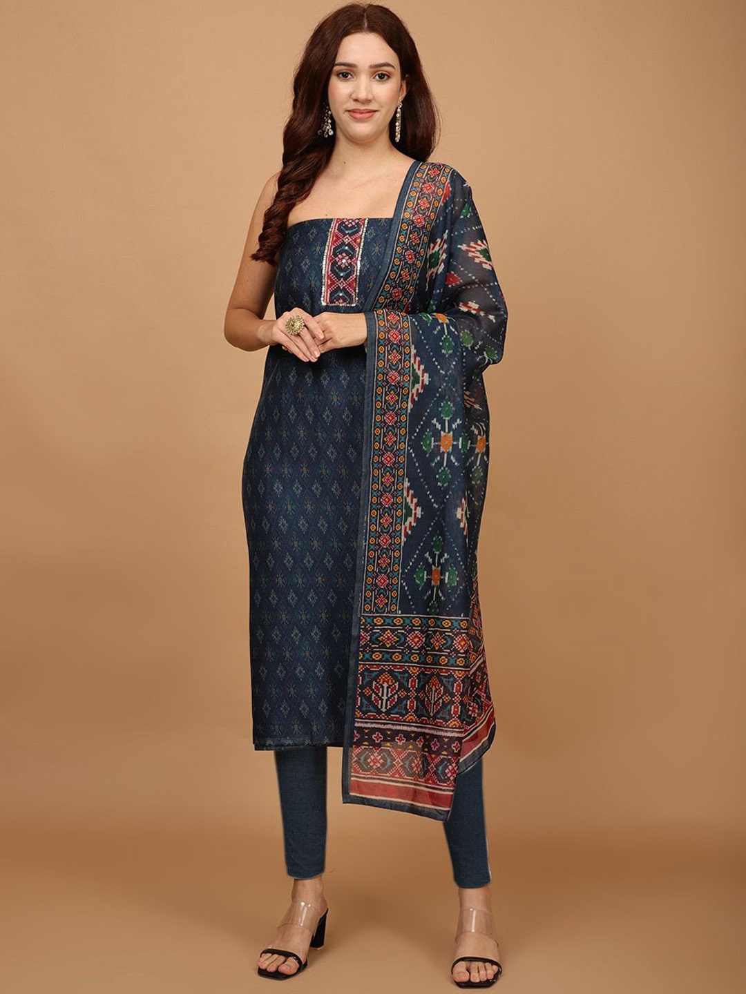 

Meena Bazaar Printed Art Silk Unstitched Dress Material, Blue