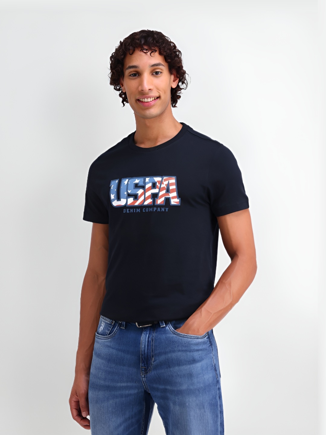 

U.S. Polo Assn. Denim Co. Men Brand Logo Printed Round Neck Cotton Slim Fit T-shirt, Navy blue