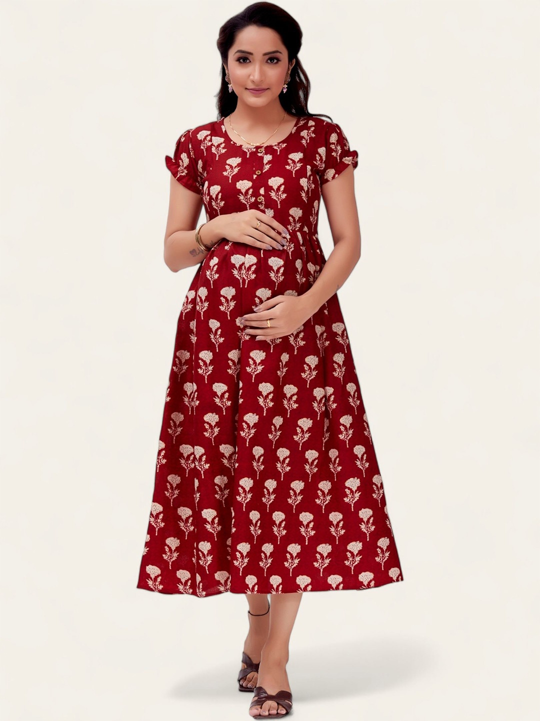 

RITIJYA Ethnic Motifs Printed Maternity Fit & Flare Midi Dress, Red