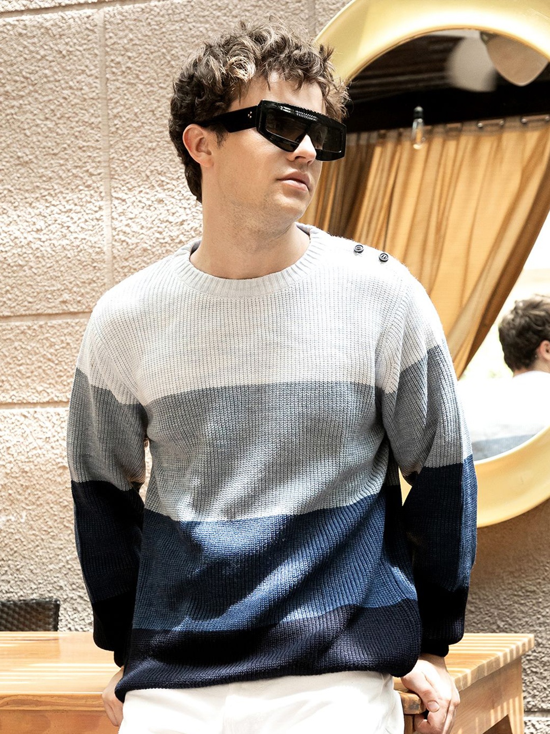 

Campus Sutra Men Colourblocked Long Sleeves Pullover, Blue