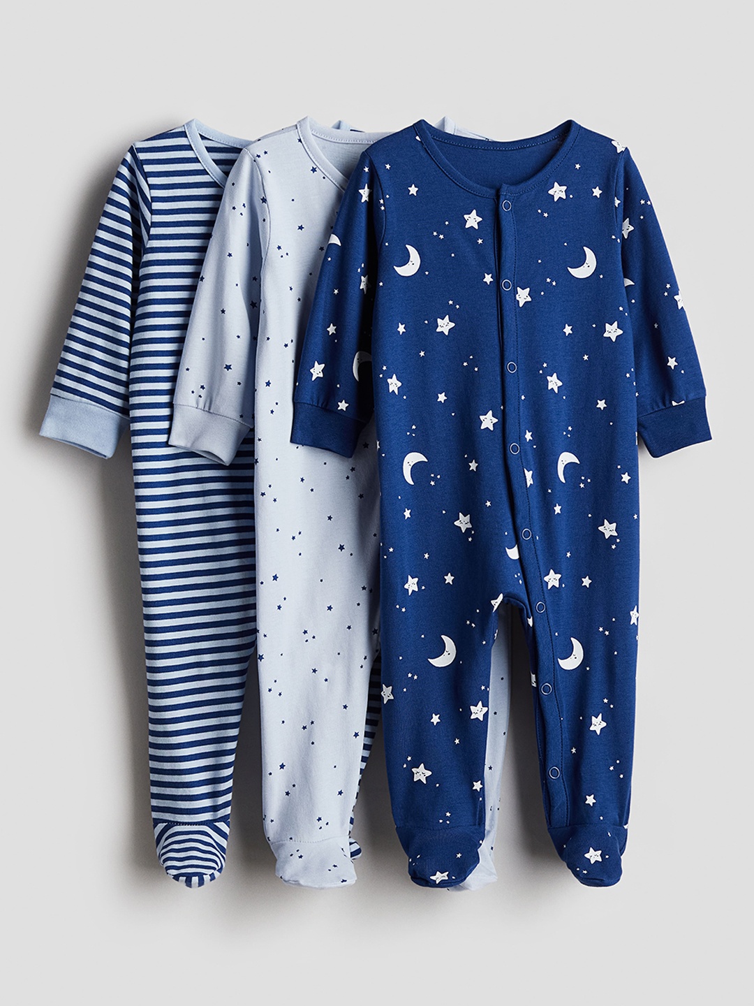 

H&M Boys Pack Of 3 Printed Pure Cotton Sleepsuit, Blue