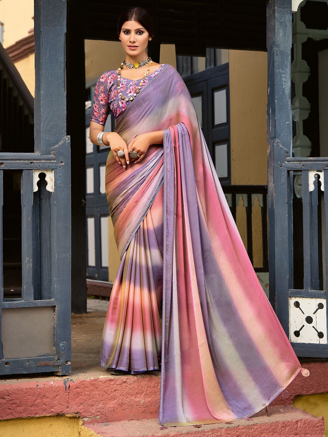 

Saree mall Ombre Dyed Sequinned Sarees With Matching Blouse, Lavender