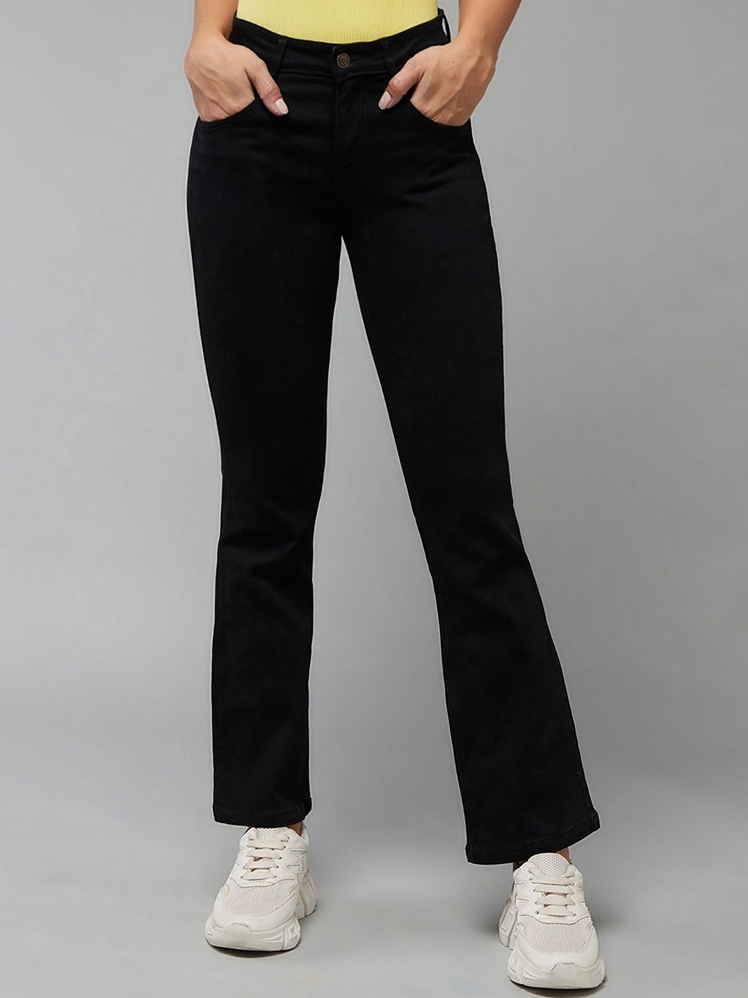 

DOLCE CRUDO Women Cotton Bootcut High-Rise Stretchable Jeans, Black