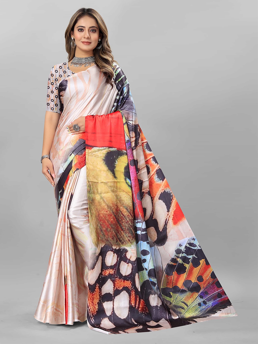 

V3 FASHION STUDIO Ethnic Motifs Printed Satin Saree, Beige