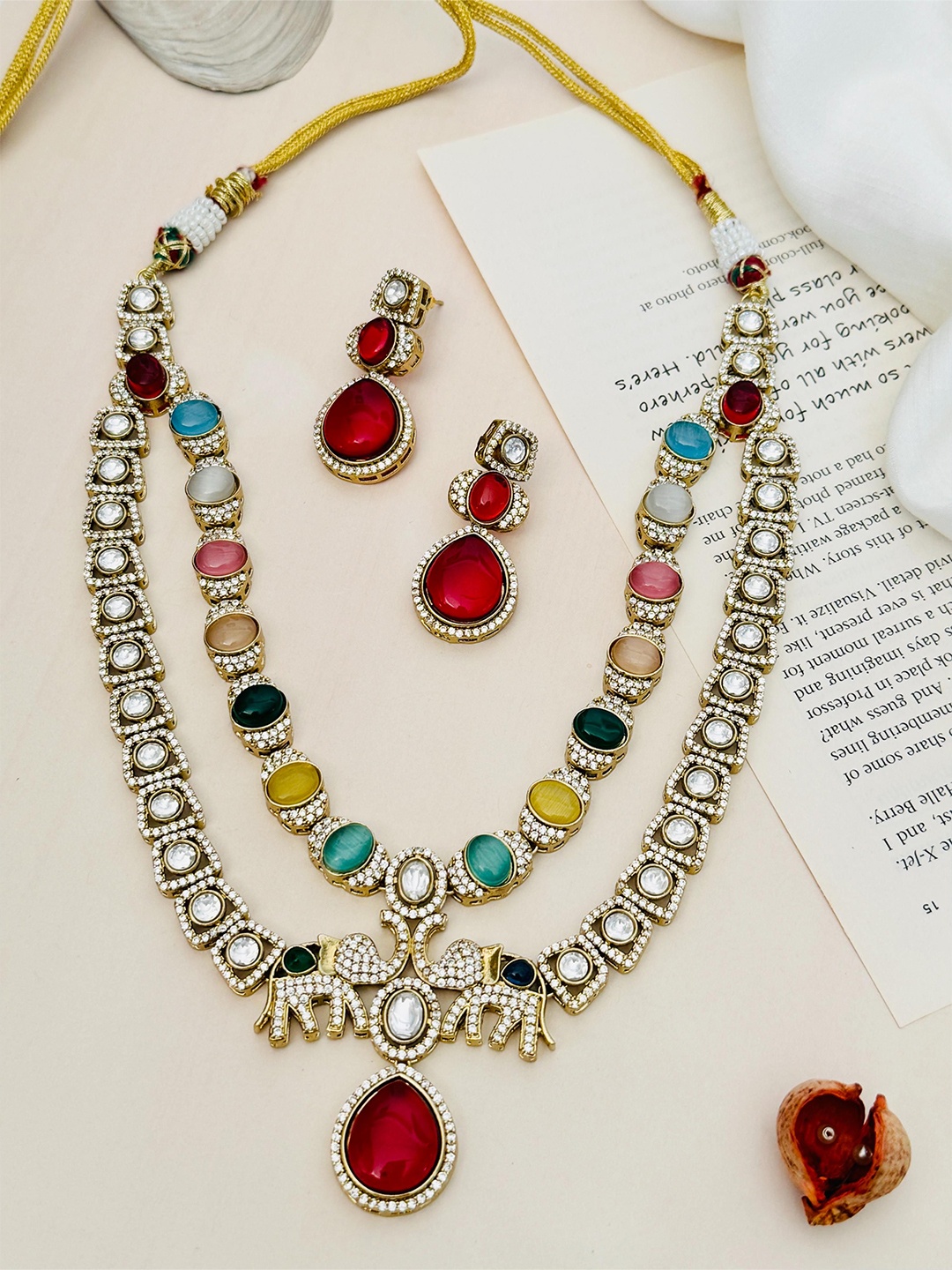 

ABDESIGNS Gold Plated Polki American Diamond-Studded Jewellery Set