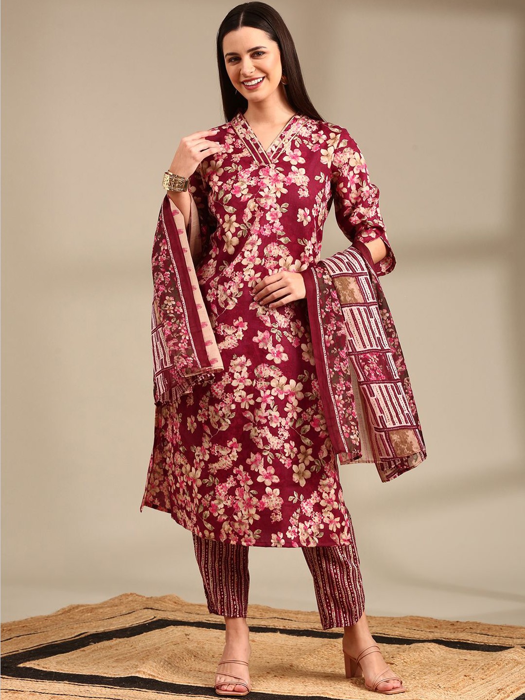 

Anouk Purple Floral Printed Straight Kurta With Trouser & Dupatta