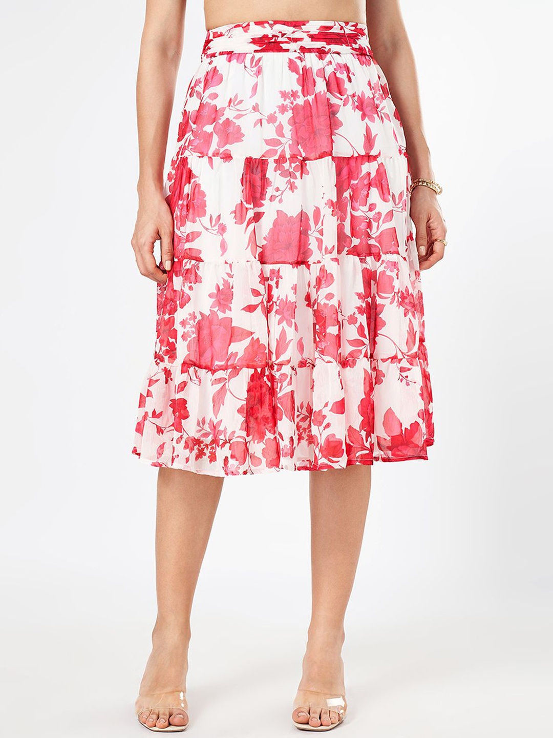 

Honey by Pantaloons Floral Printed Tiered Knee Length Skirt, Off white