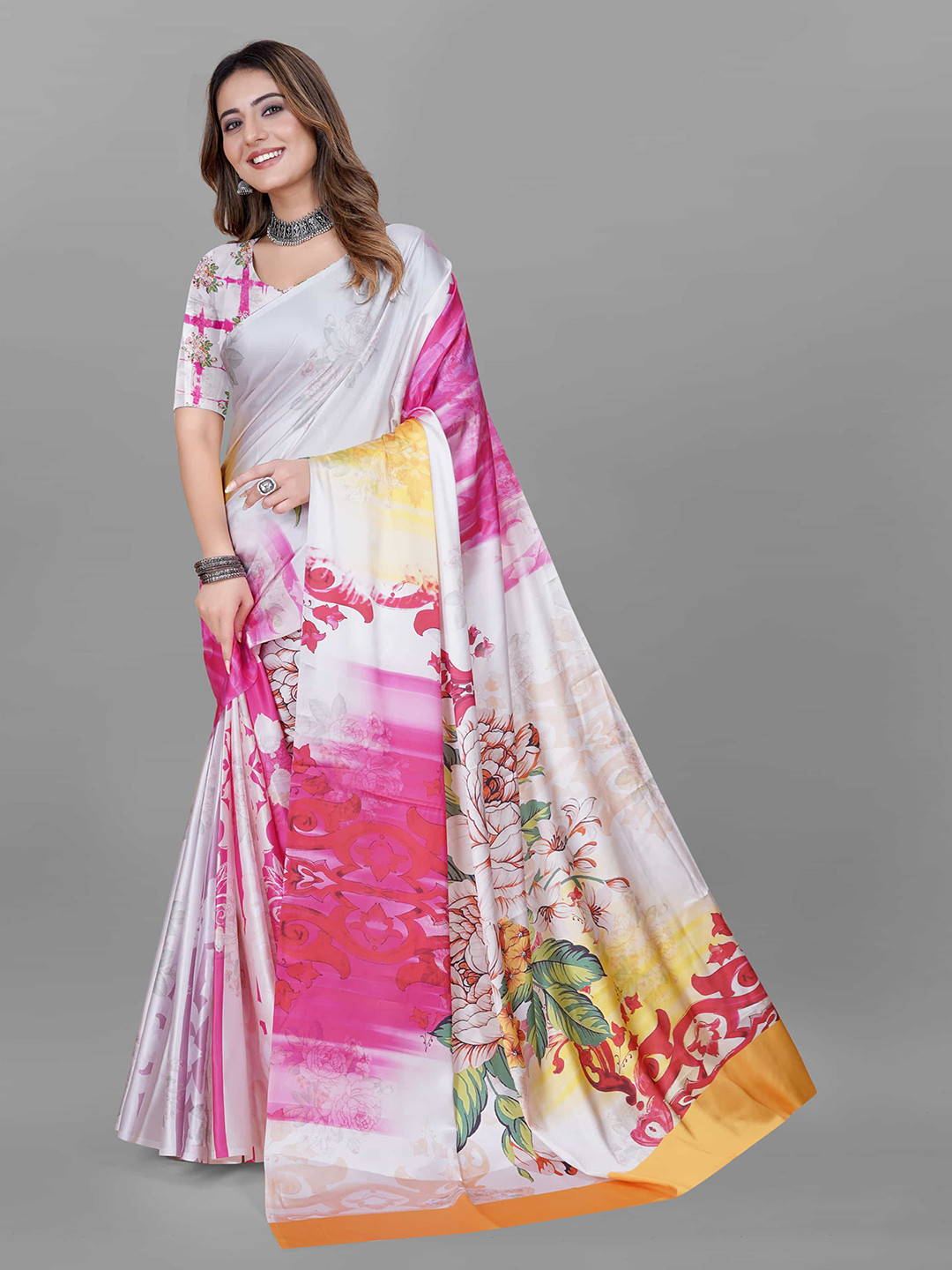 

V3 FASHION STUDIO Floral Printed Satin Saree With Blouse Piece, White