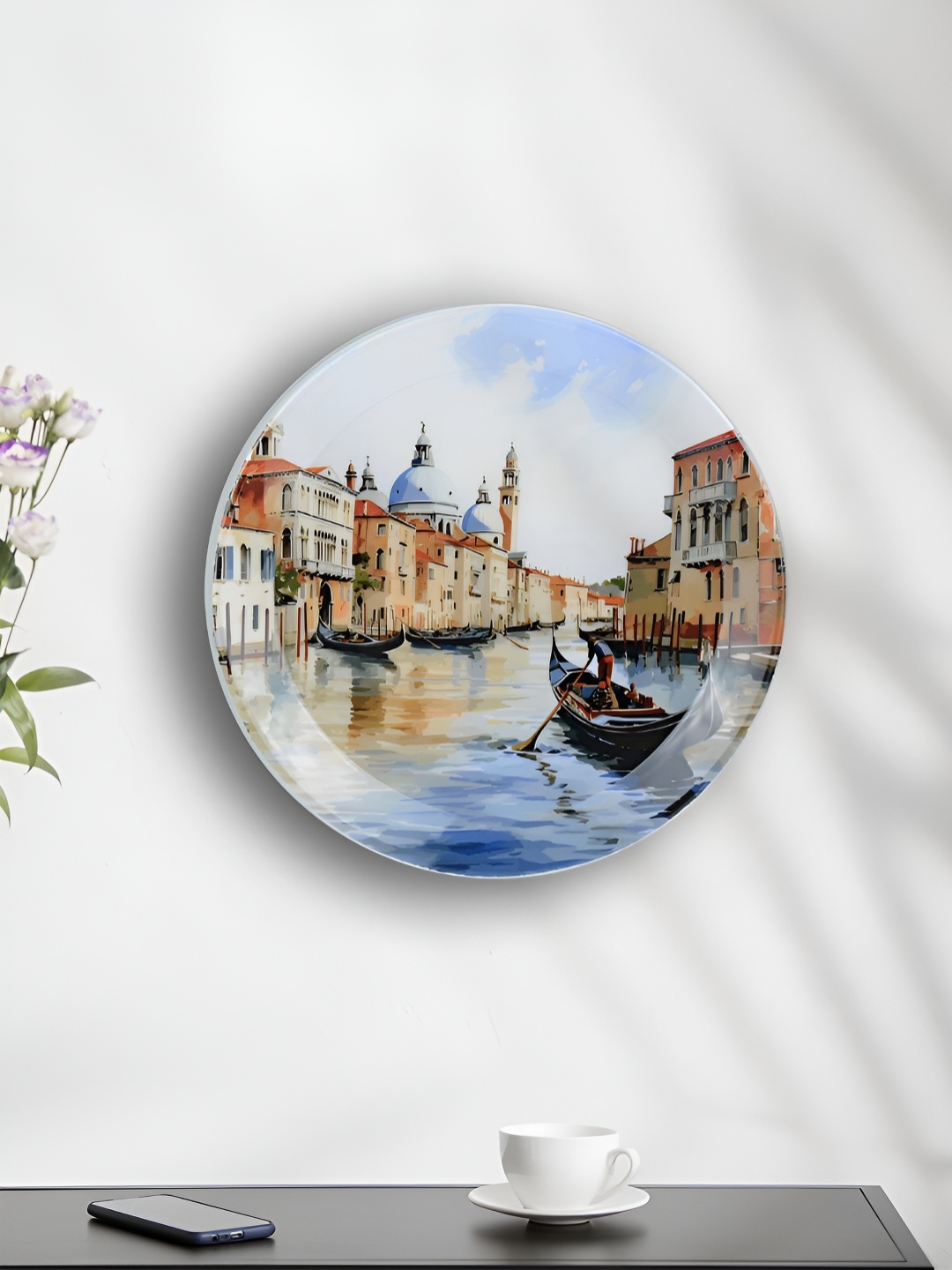 

Maison Modern White & Blue Floating City Venice Printed Iron Round Wall Plates