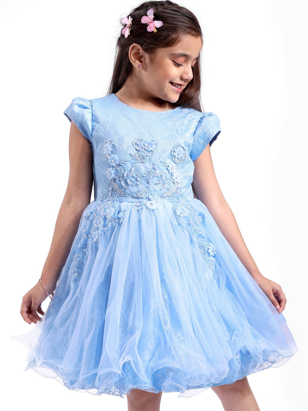 

Mark & Mia Blue Round Neck Kids-Girls Cap Sleeves Knee Length Partywear Dress
