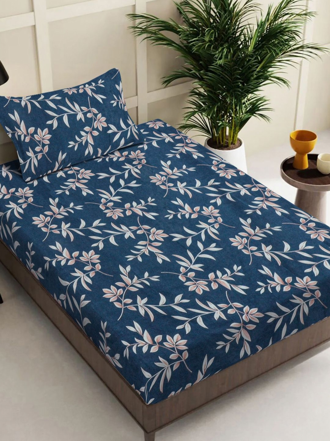 

FABINALIV Blue & Pink Floral 300 TC Single Bedsheet with 1 Pillow Covers 2.54 x 2.74Mts