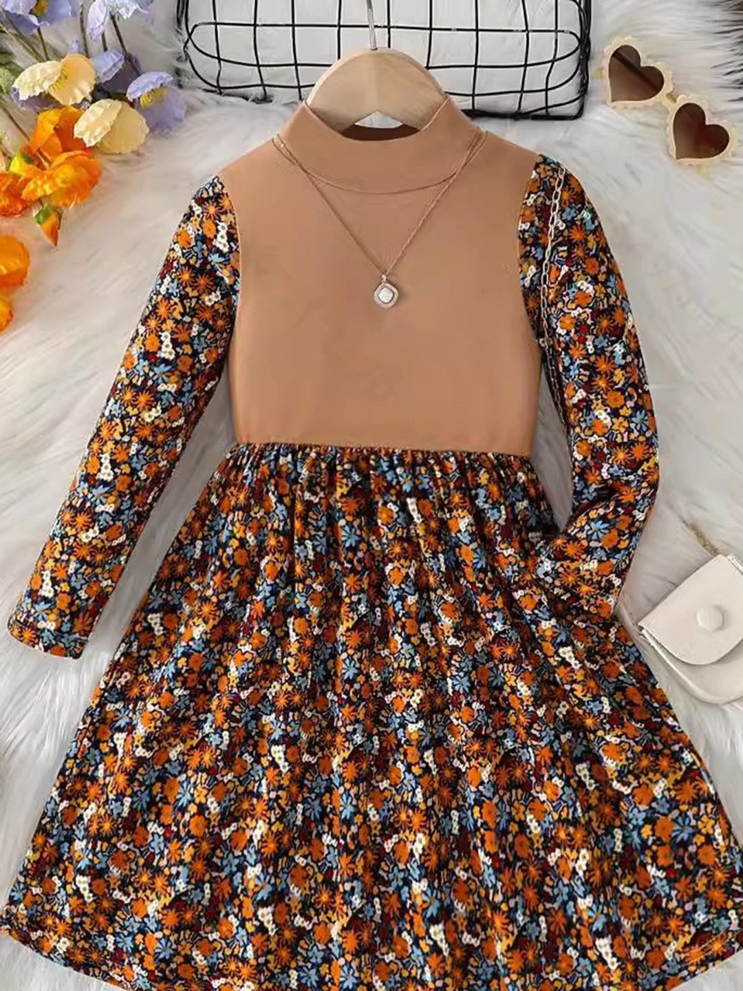 

Xsole Girls Printed Fit & Flare Dress, Brown