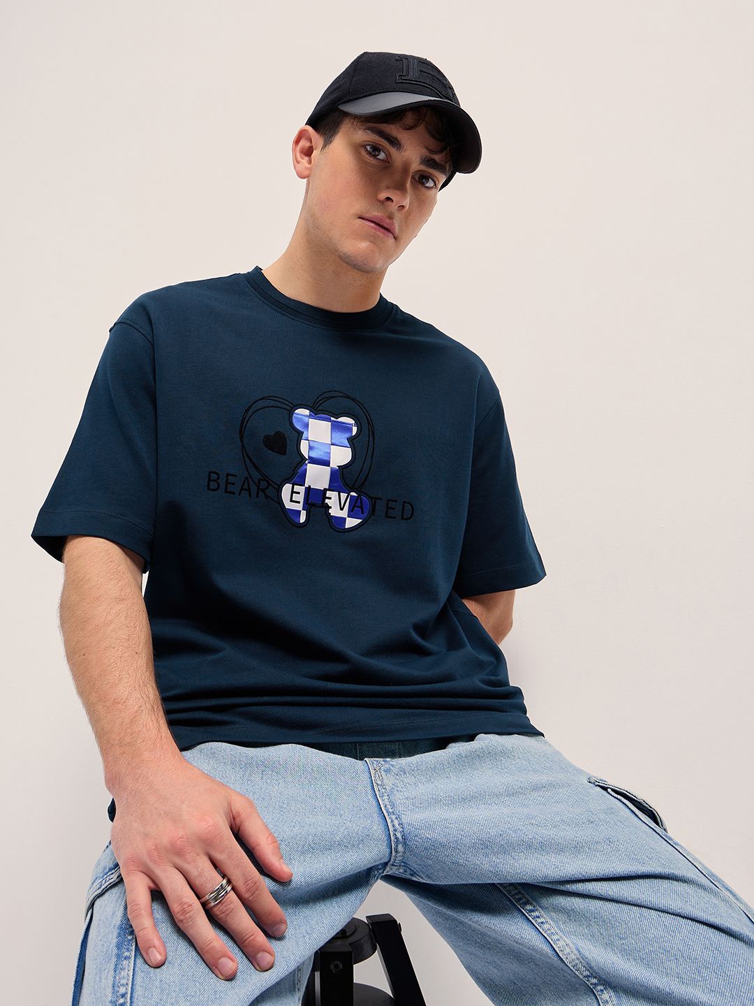 

THE BEAR HOUSE Men Graphic Printed Round Neck Cotton Oversized T-shirt, Blue