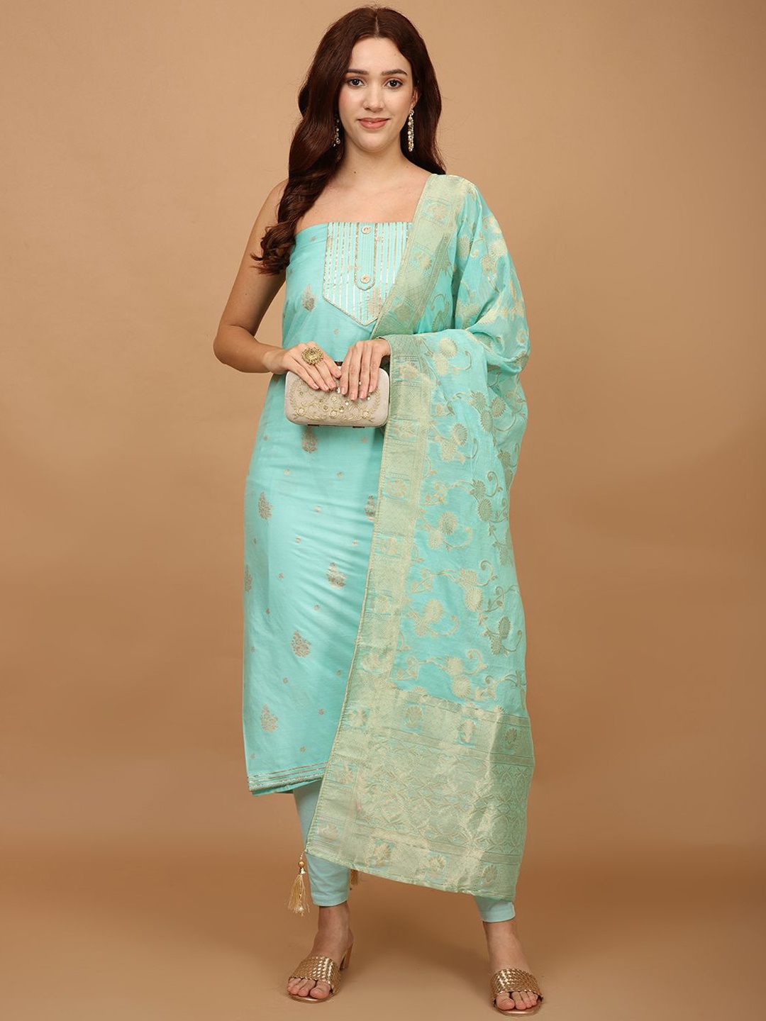 

Meena Bazaar Ethnic Motifs Woven Design Unstitched Dress Material, Blue