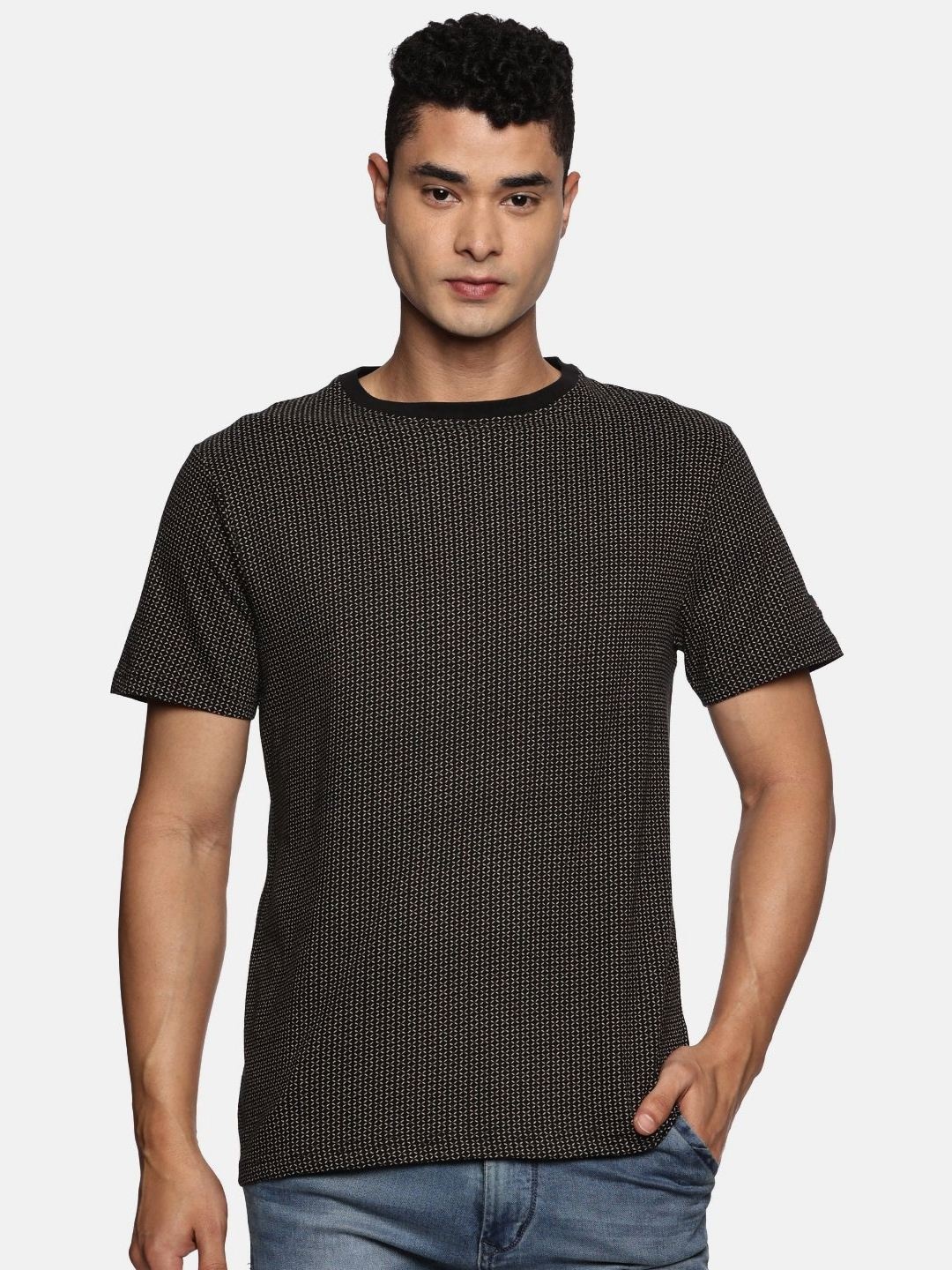 

ABLING Men Bio Finish Geometric Printed Round Neck Pure Cotton T-shirt, Black