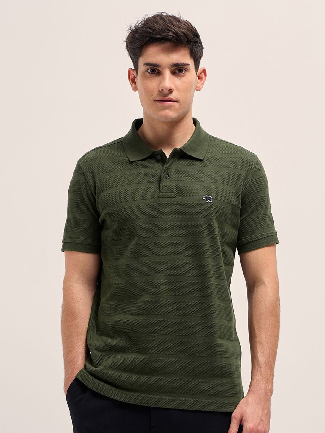 

THE BEAR HOUSE Men Striped Polo Collar Cotton T-shirt, Olive